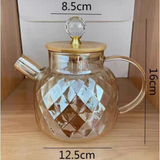 Glass Tea Kettle with Bamboo Lid Diamond Cut Design Heat Resistant