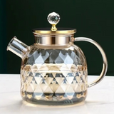 Glass Tea Kettle with Bamboo Lid Diamond Cut Design Heat Resistant
