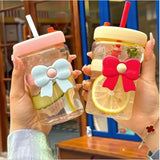Cute Aesthetic Glass Cup 400ML Flower & Bow Design