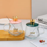 Glass Mug with Crown Lid Premium Drinking Cup