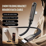 240W Type-C to Type-C Fast Charging Cable 1.5m with Foldable Phone Stand, 90° Angled Design, Braided Data Cable