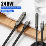 240W Type-C to Type-C Fast Charging Cable 1.5m with Foldable Phone Stand, 90° Angled Design, Braided Data Cable