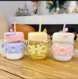 Pearl Chain Glass Cup Female High Beauty Household Water Cup Portable Breakfast Milk Cup Cute glass Straw Double Drinking coffee Cup best for gift